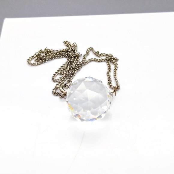 Vintage Faceted Crystal Pendant Necklace, Disco Ball on Silver Tone Chain - Picture 2 of 4